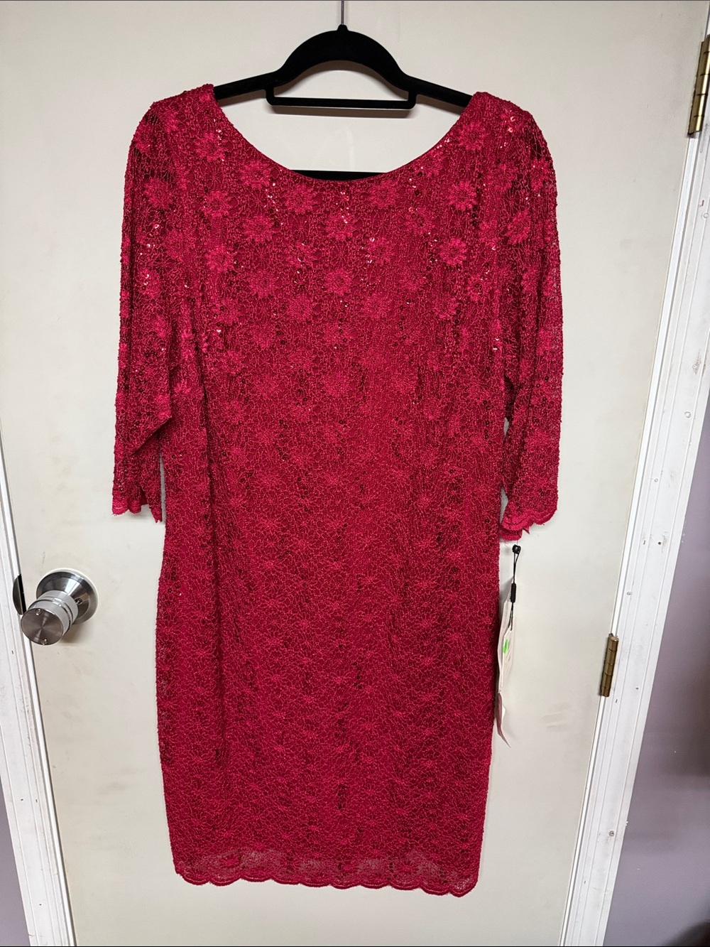 Calvin Klein Red Lace Midi Dress with Three-Quarter Sleeves